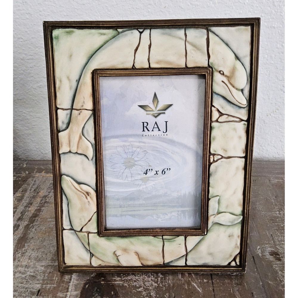 RAJ Collection Dolphin Picture Frame 4x6 Cream Resin Coastal Nautical Decor